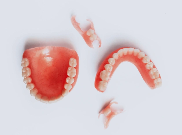 Dental models showing upper and lower dentures arranged on white background