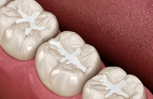 Three white dental crowns displayed on pink gum model showing restorative dentistry work.