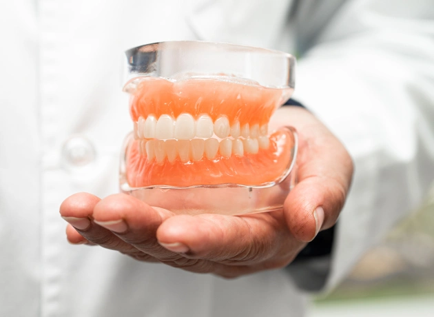 Dental professional holding an orange dental model showing teeth and gums in clinical setting.