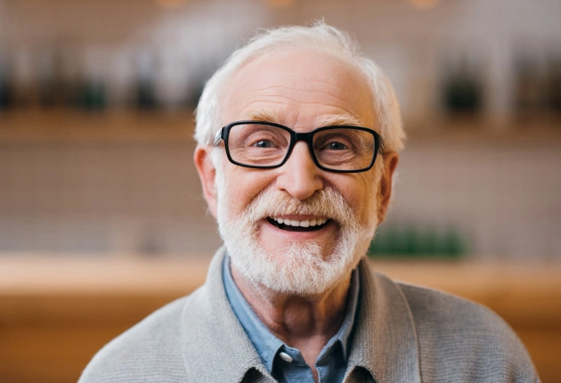 Smiling older man with white hair and glasses in dental office setting.