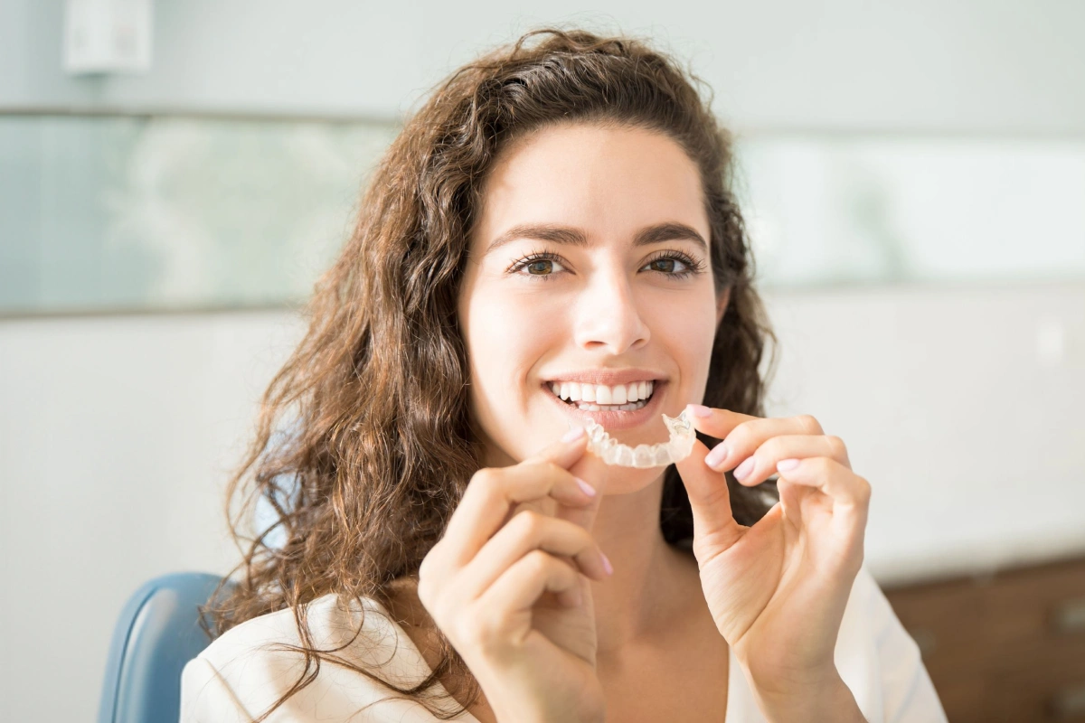 Woman smiling while holding clear orthodontic aligners in modern dental office setting.